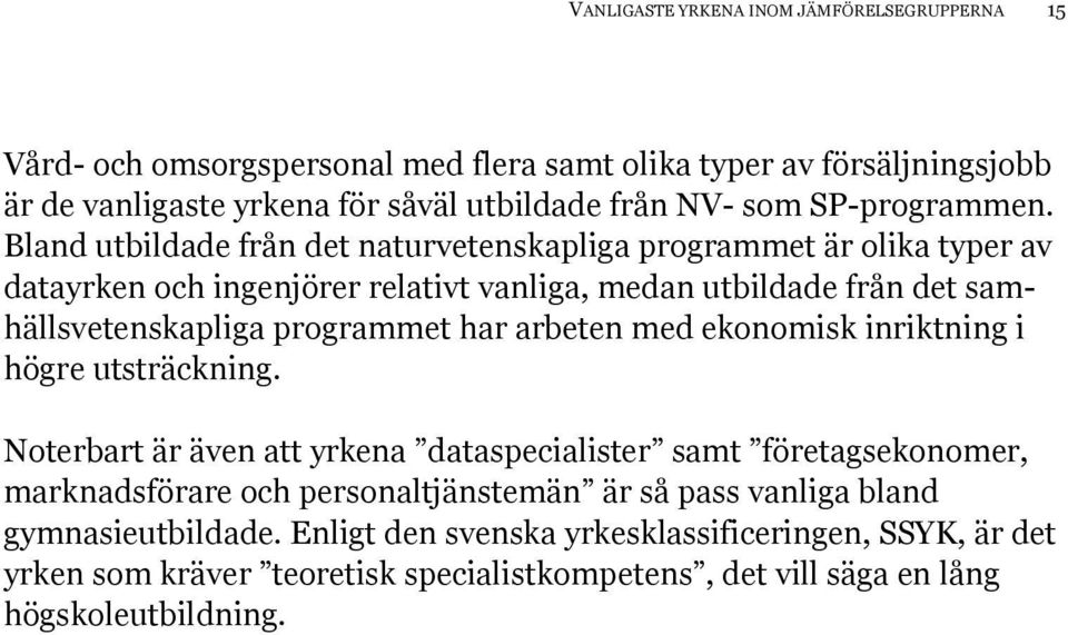 Bland utbildade från det naturvetenskapliga programmet är olika typer av datayrken och ingenjörer relativt vanliga, medan utbildade från det samhällsvetenskapliga programmet har