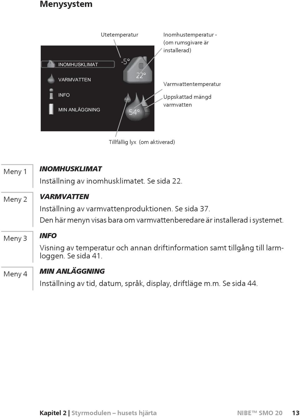 Se sida 37. Den här menyn visas bara om varmvattenberedare är installerad i systemet.