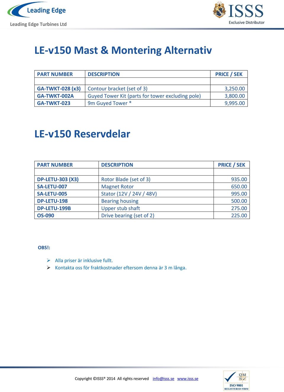 00 LE-v150 Reservdelar DP-LETU-303 (X3) Rotor Blade (set of 3) 935.00 SA-LETU-007 Magnet Rotor 650.