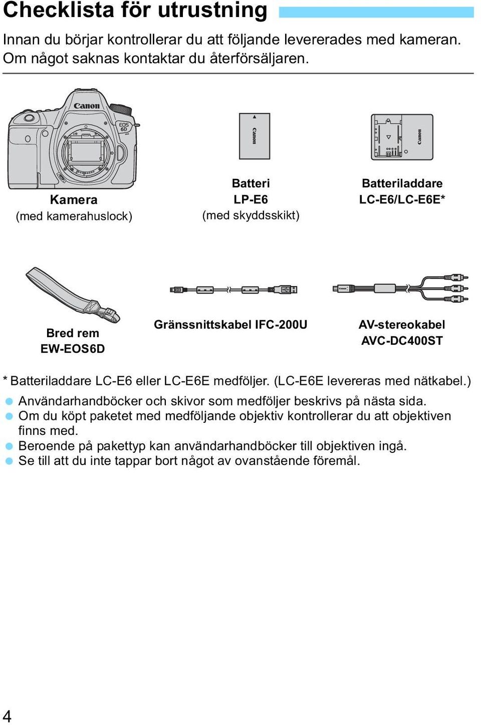 Batteriladdare LC-E6 eller LC-E6E medföljer. (LC-E6E levereras med nätkabel.) Användarhandböcker och skivor som medföljer beskrivs på nästa sida.