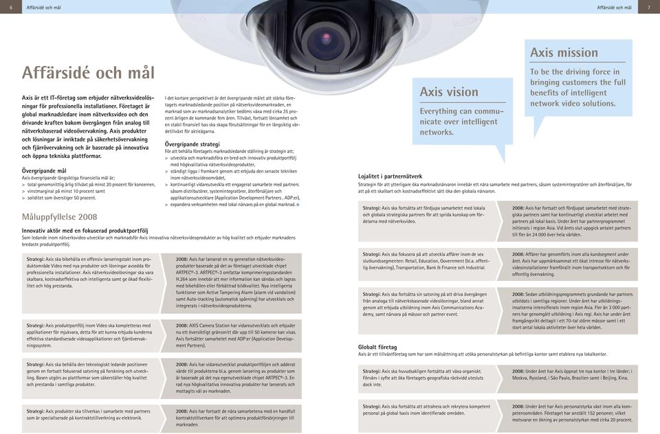 Axis produkter och lösningar är inriktade på säkerhetsövervakning och fjärrövervakning och är baserade på innovativa och öppna tekniska plattformar.