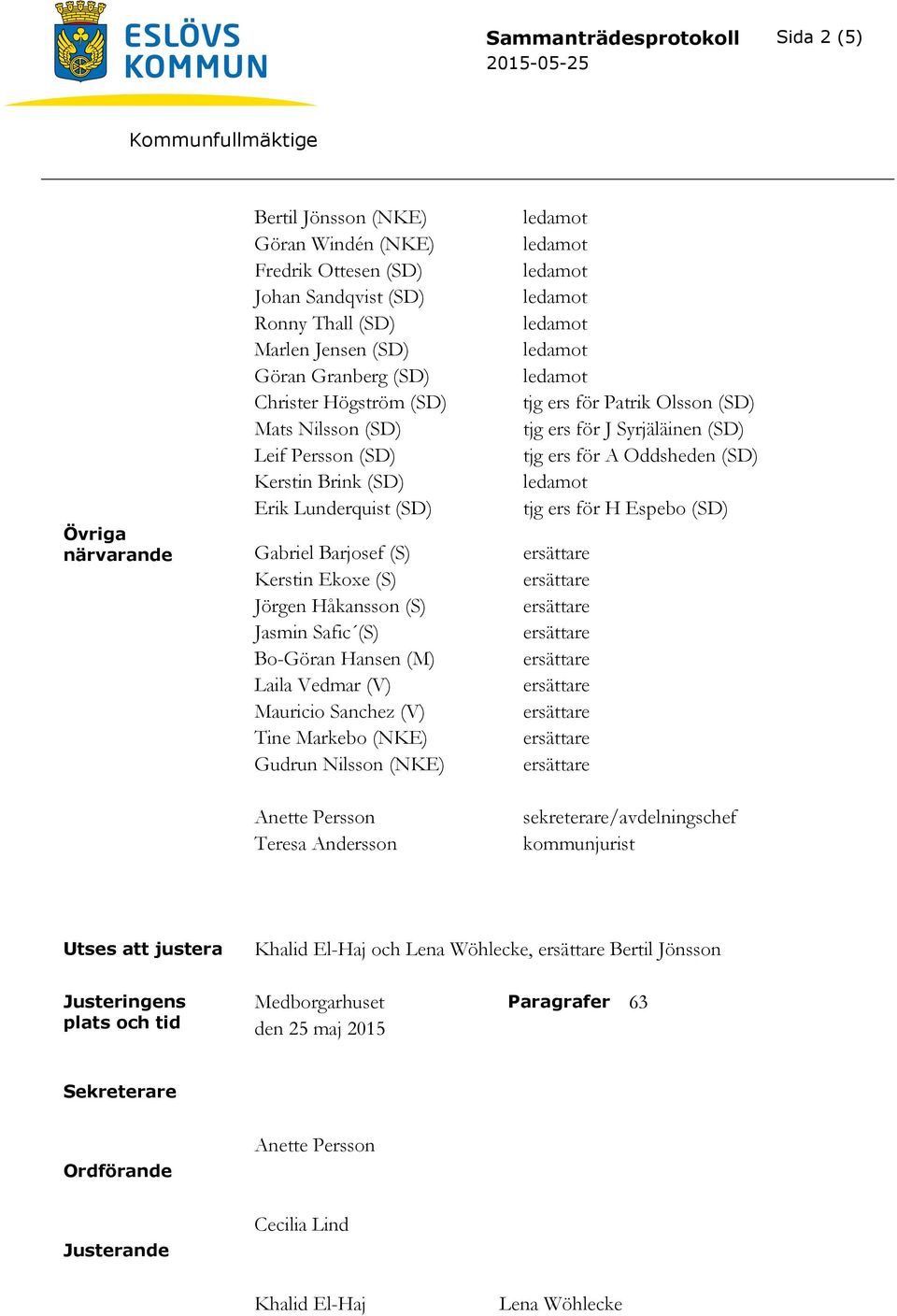 närvarande Gabriel Barjosef (S) Kerstin Ekoxe (S) Jörgen Håkansson (S) Jasmin Safic (S) Bo-Göran Hansen (M) Laila Vedmar (V) Mauricio Sanchez (V) Tine Markebo (NKE) Gudrun Nilsson (NKE) Teresa