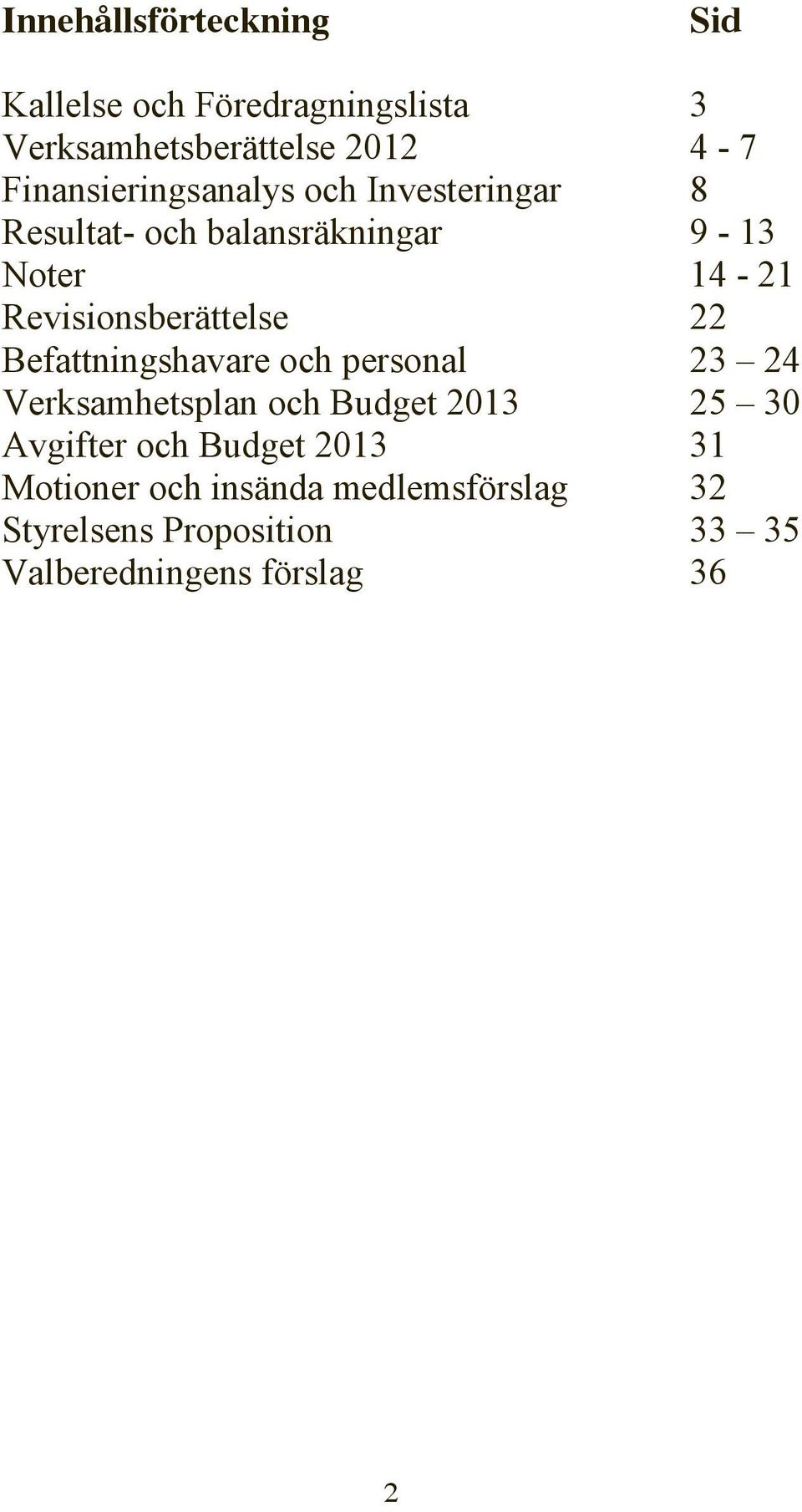 Revisionsberättelse 22 Befattningshavare och personal 23 24 Verksamhetsplan och Budget 2013 25 30