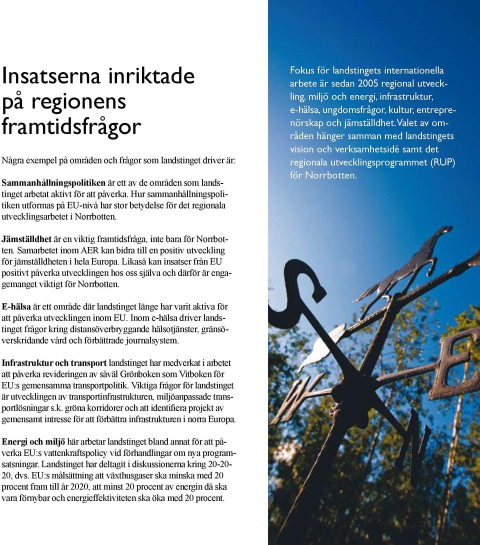 Fokus för landstingets internationella arbete är sedan 2005 regional utveckling, miljö och energi, infrastruktur, e-hälsa, ungdomsfrågor, kultur, entreprenörskap och jämställdhet.