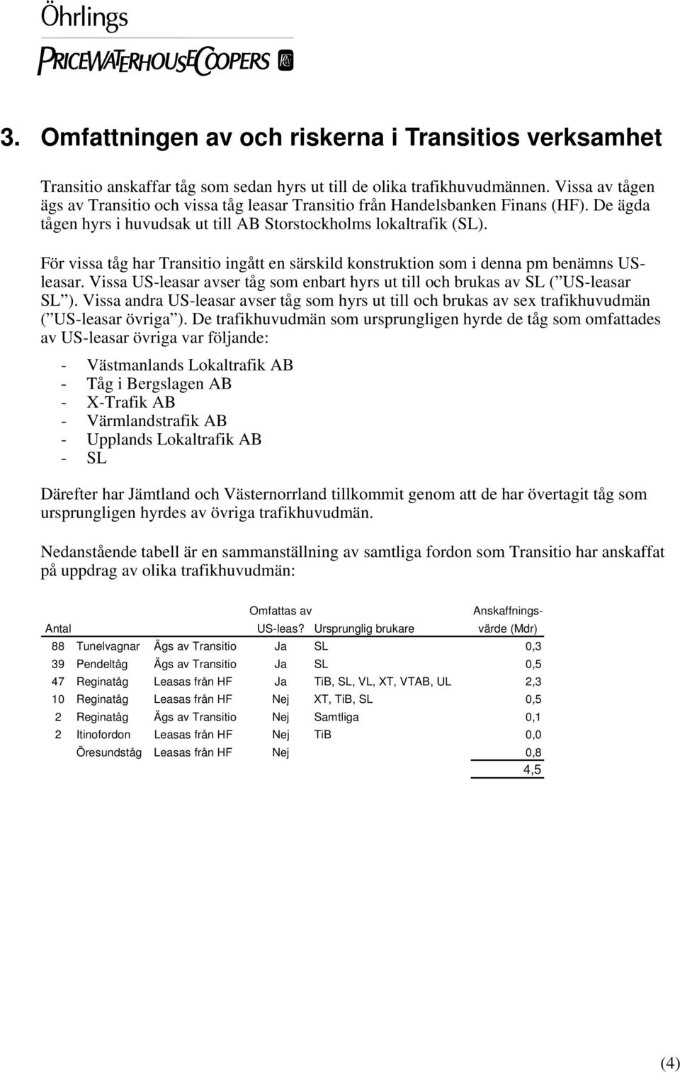 För vissa tåg har Transitio ingått en särskild konstruktion som i denna pm benämns USleasar. Vissa US-leasar avser tåg som enbart hyrs ut till och brukas av SL ( US-leasar SL ).