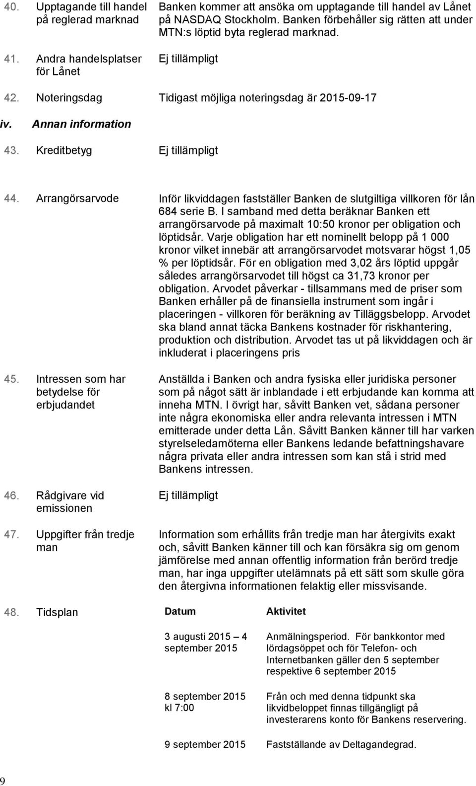 Kreditbetyg Ej tillämpligt 44. Arrangörsarvode Inför likviddagen fastställer Banken de slutgiltiga villkoren för lån 684 serie B.