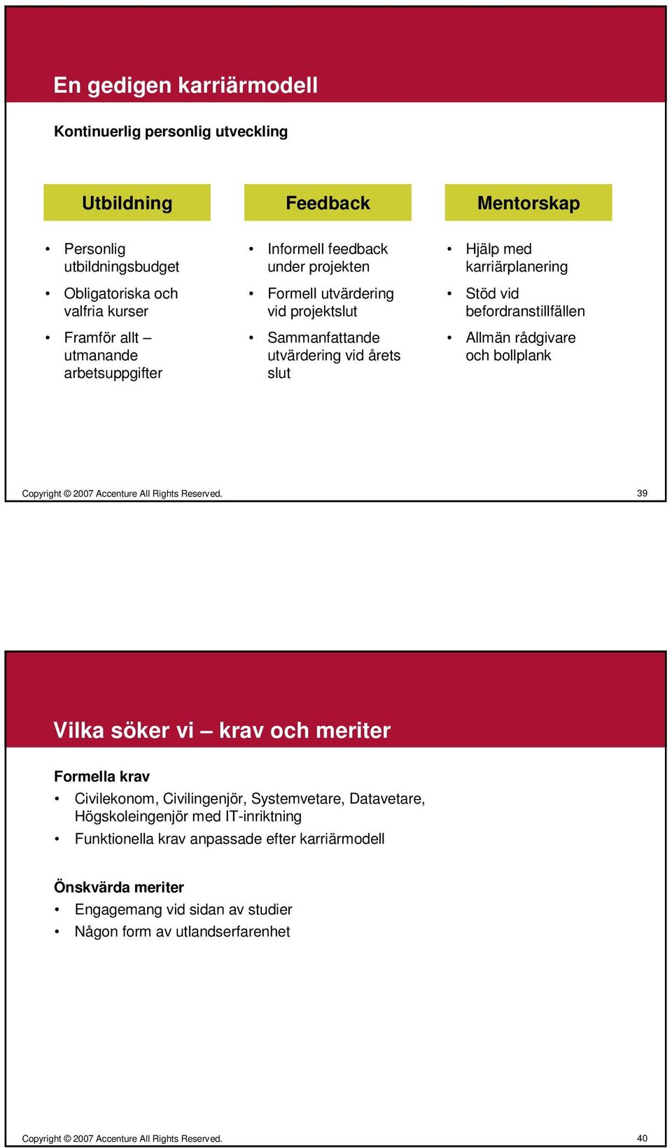 Stöd vid befordranstillfällen Allmän rådgivare och bollplank 39 Vilka söker vi krav och meriter Formella krav Civilekonom, Civilingenjör, Systemvetare, Datavetare,