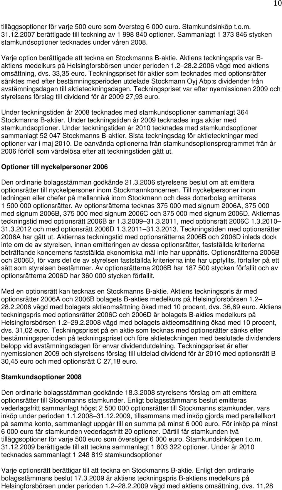 Aktiens teckningspris var B- aktiens medelkurs på Helsingforsbörsen under perioden 1.2 28.2.2006 vägd med aktiens omsättning, dvs. 33,35 euro.