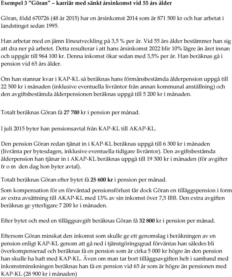 Detta resulterar i att hans årsinkomst 2022 blir 10% lägre än året innan och uppgår till 964 100 kr. Denna inkomst ökar sedan med 3,5% per år. Han beräknas gå i pension vid 65 års ålder.