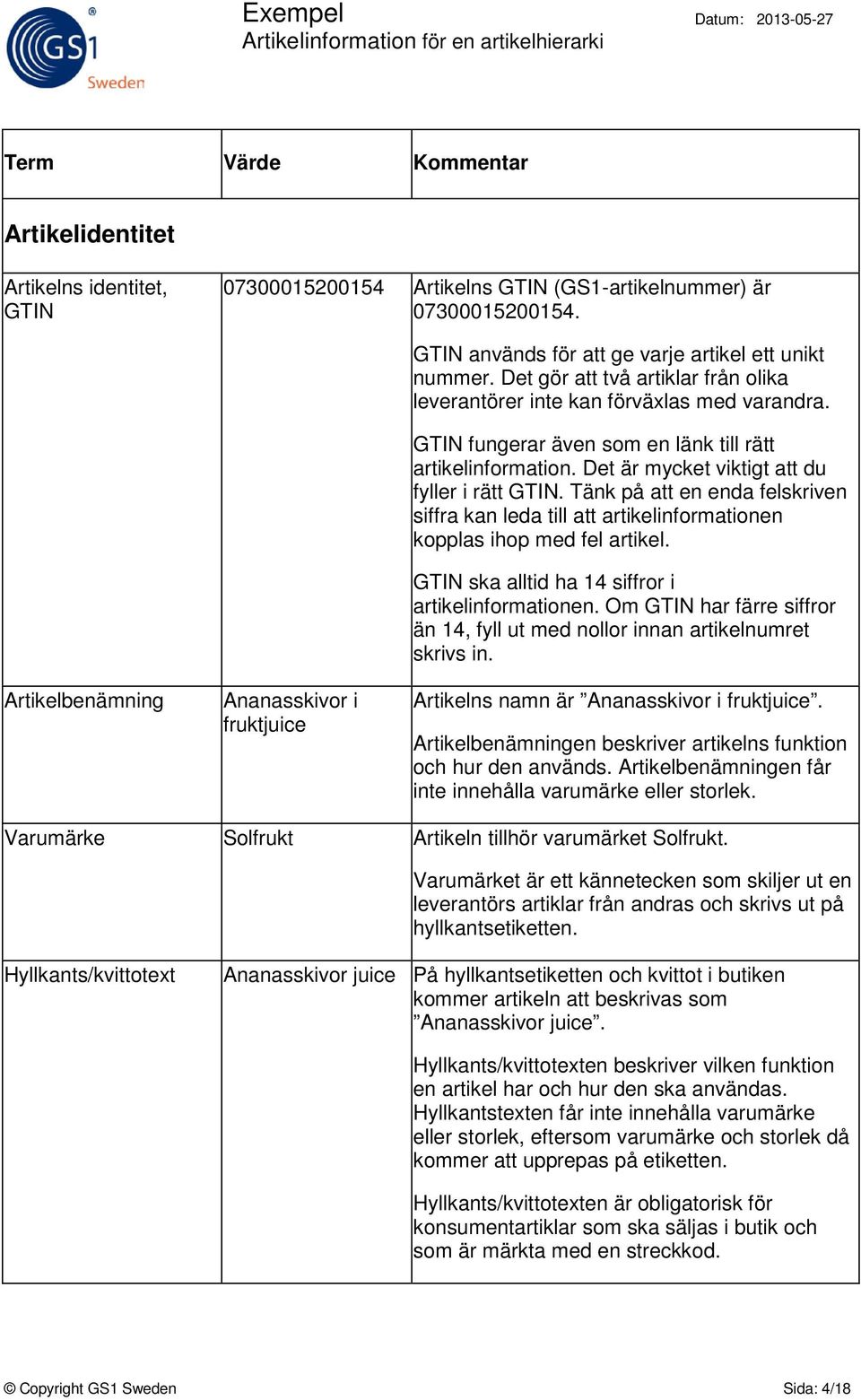 GTIN fungerar även som en länk till rätt artikelinformation. Det är mycket viktigt att du fyller i rätt GTIN.