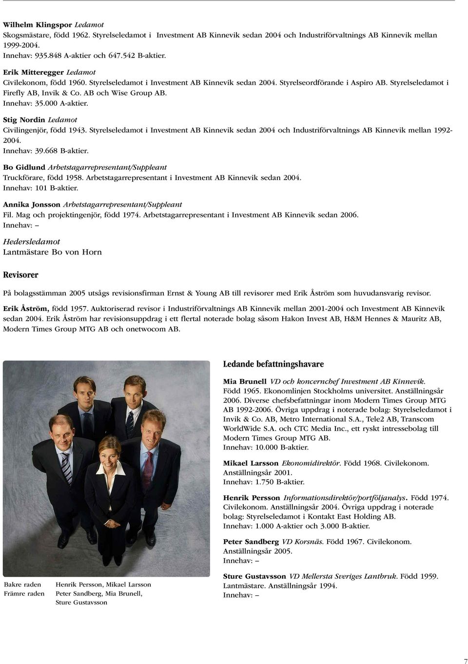 AB och Wise Group AB. Innehav: 35.000 A-aktier. Stig Nordin Ledamot Civilingenjör, född 1943. Styrelseledamot i Investment AB Kinnevik sedan 2004 och Industriförvaltnings AB Kinnevik mellan 1992-2004.