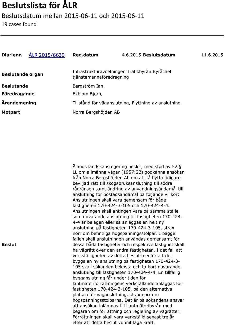 11 19 cases found Diarienr. ÅLR 2015/66