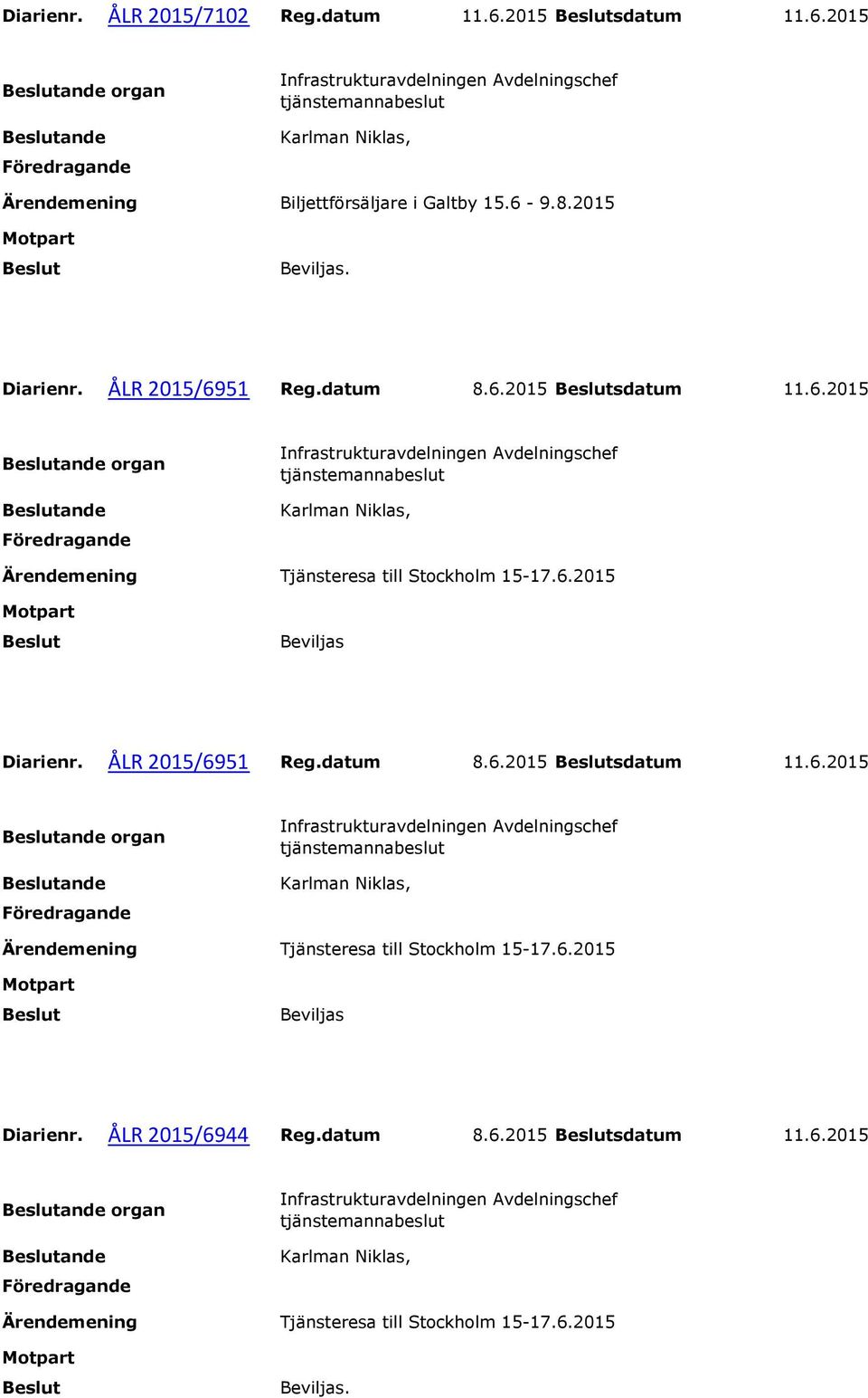 ÅLR 2015/6951 Reg.datum 8.6.2015 sdatum 11.6.2015 organ Tjänsteresa till Stockholm 15-17.6.2015 Beviljas Diarienr.