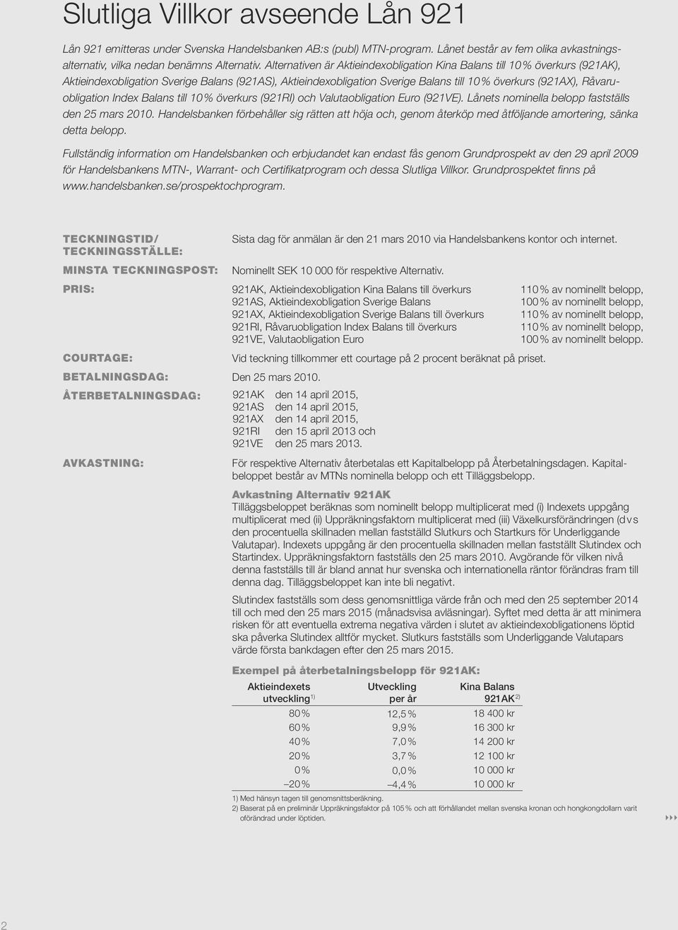 Råvaruobligation Index Balans till 10 % överkurs (921RI) och Valutaobligation Euro (921VE). Lånets nominella belopp fastställs den 25 mars 2010.