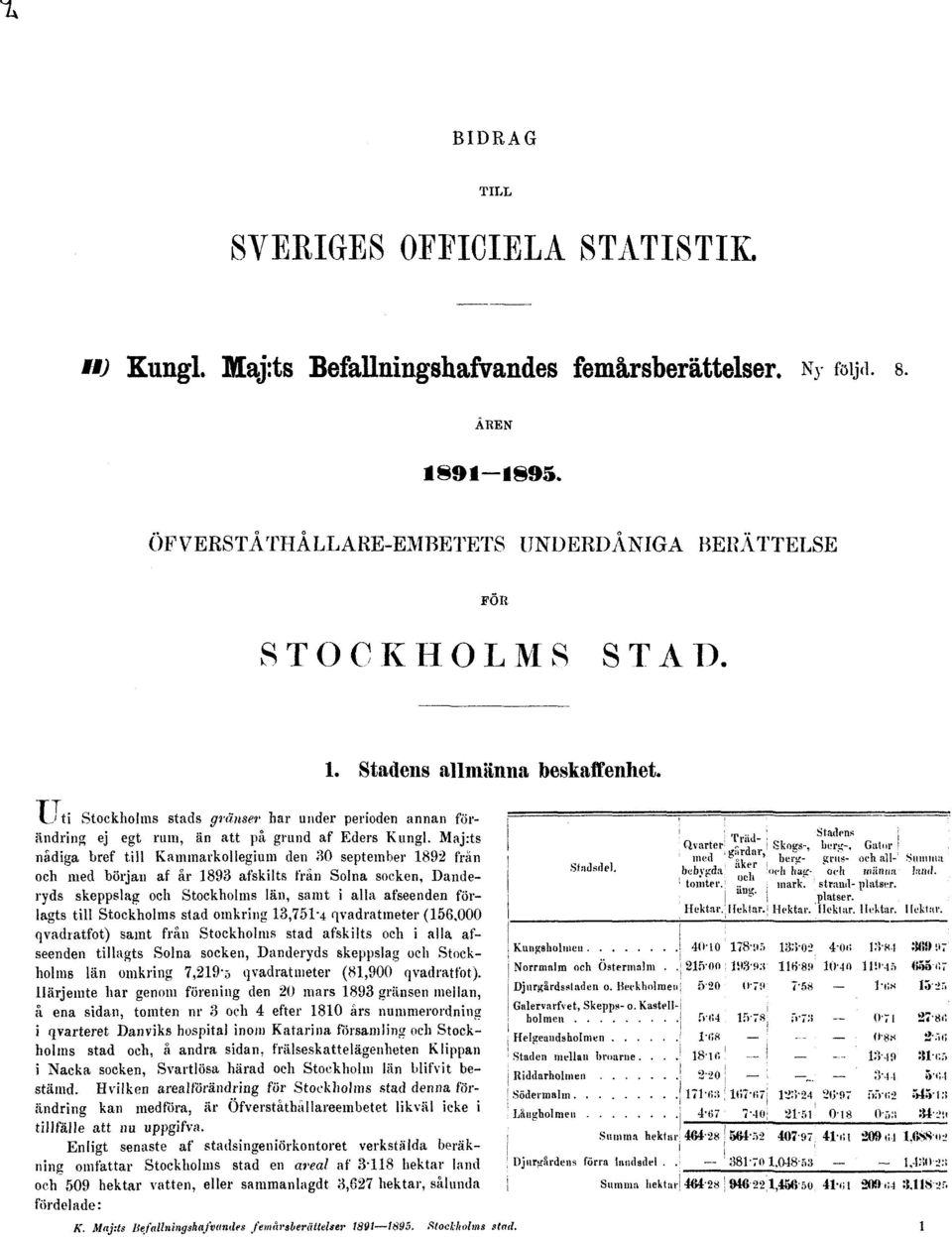 Majrts nådiga bref till Kammarkollegium den 30 september 1892 frän och med början af år 1893 åtskilts från Solna socken, Danderyds skeppslag och Stockholms län, samt i alla afseenden förlagts till
