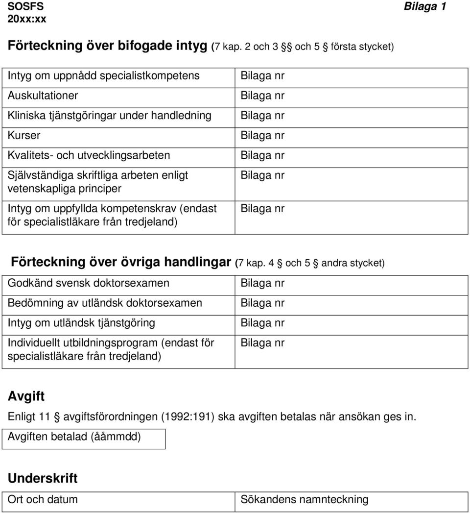 skriftliga arbeten enligt vetenskapliga principer Intyg om uppfyllda kompetenskrav (endast för specialistläkare från tredjeland) Förteckning över övriga handlingar (7 kap.