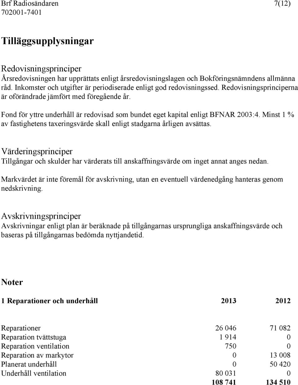 Fond för yttre underhåll är redovisad som bundet eget kapital enligt BFNAR 2003:4. Minst 1 % av fastighetens taxeringsvärde skall enligt stadgarna årligen avsättas.