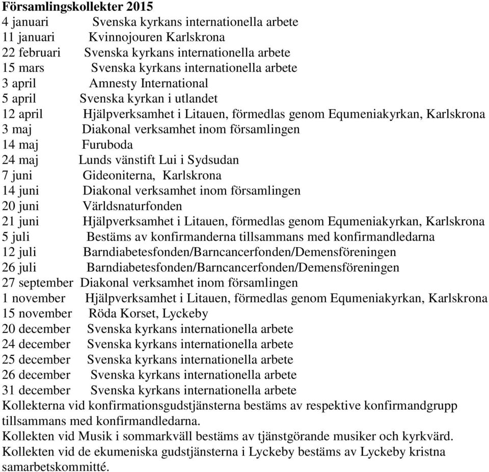 församlingen 14 maj Furuboda 24 maj Lunds vänstift Lui i Sydsudan 7 juni Gideoniterna, Karlskrona 14 juni Diakonal verksamhet inom församlingen 20 juni Världsnaturfonden 21 juni Hjälpverksamhet i