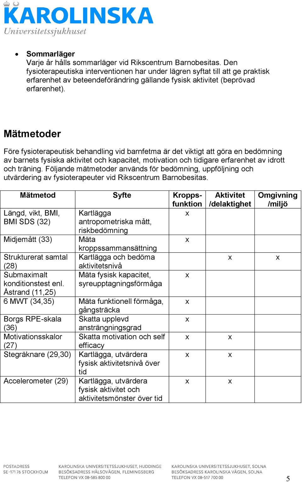 Mätmetoder Före fysioterapeutisk behandling vid barnfetma är det viktigt att göra en bedömning av barnets fysiska aktivitet och kapacitet, motivation och tidigare erfarenhet av idrott och träning.