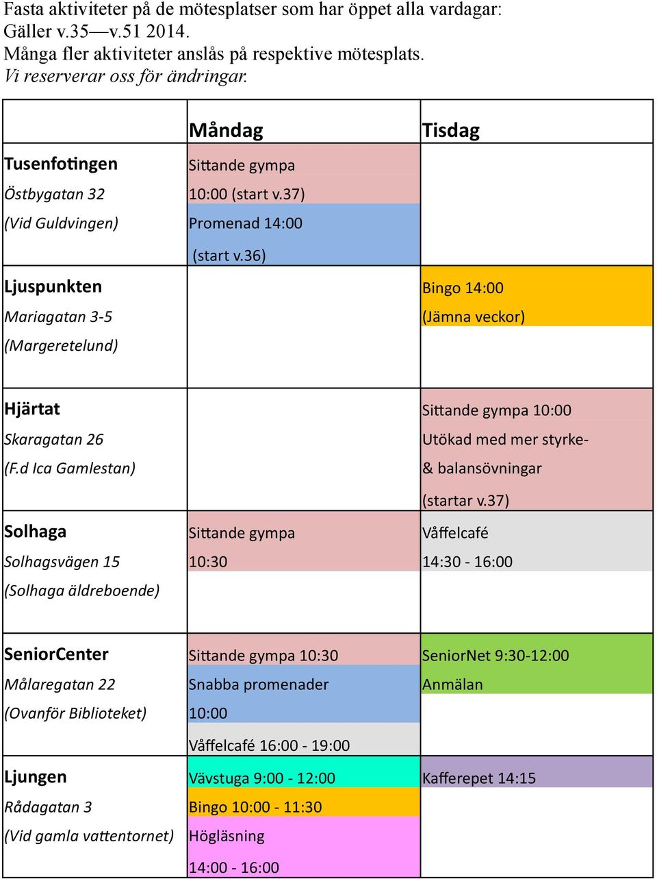 36) Ljuspunkten Bingo 14:00 Mariagatan 3-5 (Jämna veckor) (Margeretelund) Hjärtat Sittande gympa 10:00 Skaragatan 26 Utökad med mer styrke- (F.d Ica Gamlestan) & balansövningar (startar v.