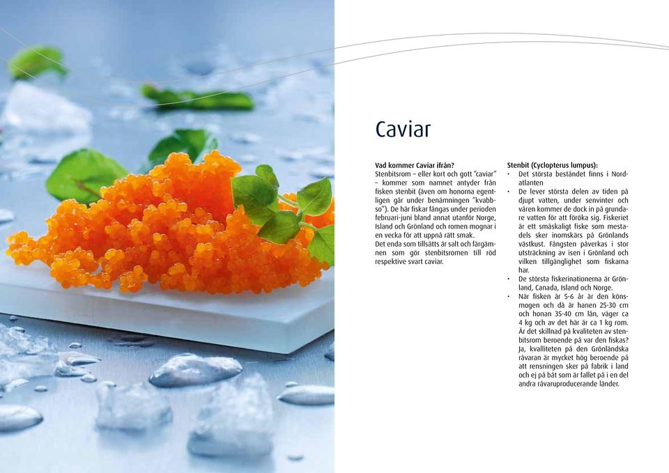 Det enda som tillsätts är salt och färgämnen som gör stenbitsromen till röd respektive svart caviar.
