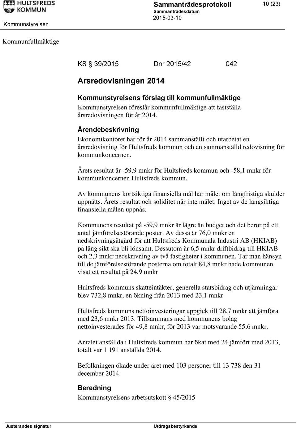 Årets resultat är -59,9 mnkr för Hultsfreds kommun och -58,1 mnkr för kommunkoncernen Hultsfreds kommun. Av kommunens kortsiktiga finansiella mål har målet om långfristiga skulder uppnåtts.