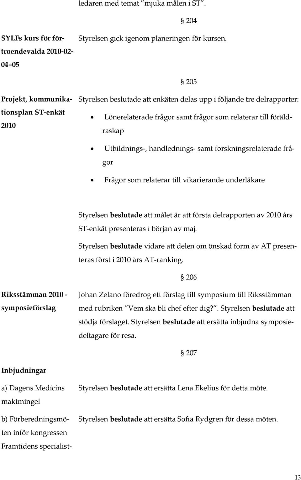 handlednings- samt forskningsrelaterade frågor Frågor som relaterar till vikarierande underläkare Styrelsen beslutade att målet är att första delrapporten av 2010 års ST-enkät presenteras i början av