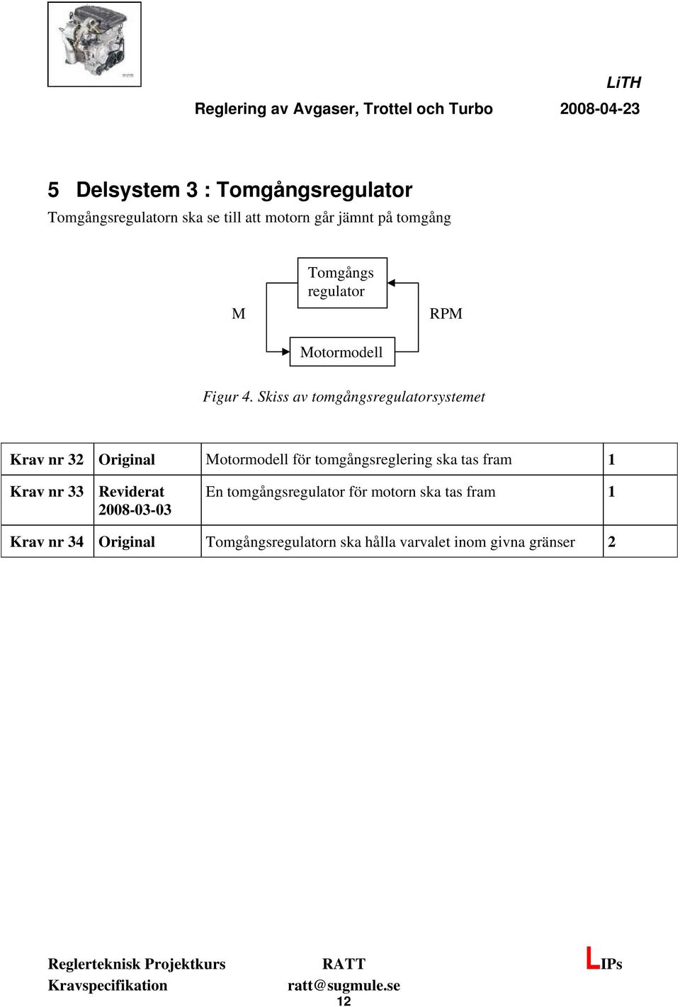Skiss av tomgångsregulatorsystemet Krav nr 32 Original Motormodell för tomgångsreglering ska tas