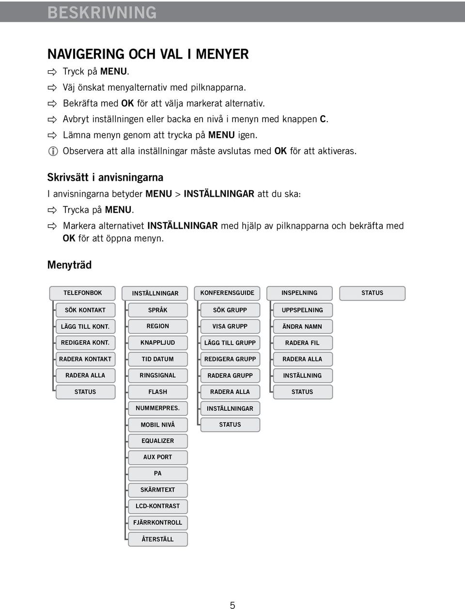 Skrivsätt i anvisningarna I anvisningarna betyder MENU > INSTÄLLNINGAR att du ska: Trycka på MENU. Markera alternativet INSTÄLLNINGAR med hjälp av pilknapparna och bekräfta med OK för att öppna menyn.