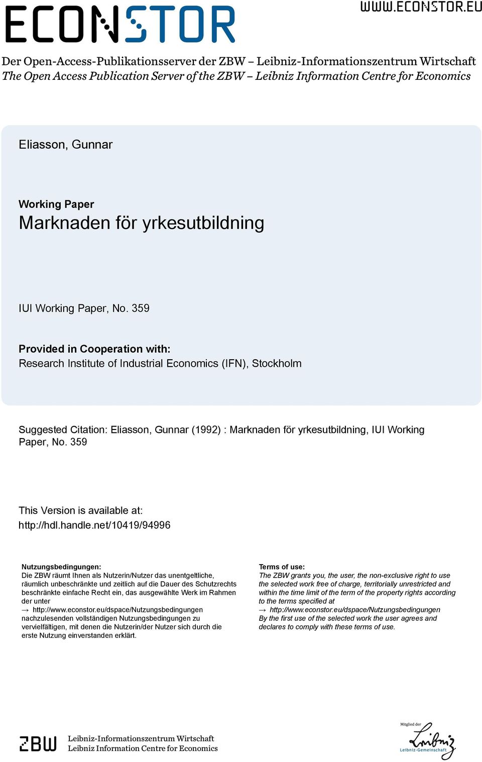 eu Der Open-Access-Publikationsserver der ZBW Leibniz-Informationszentrum Wirtschaft The Open Access Publication Server of the ZBW Leibniz Information Centre for Economics Eliasson, Gunnar Working