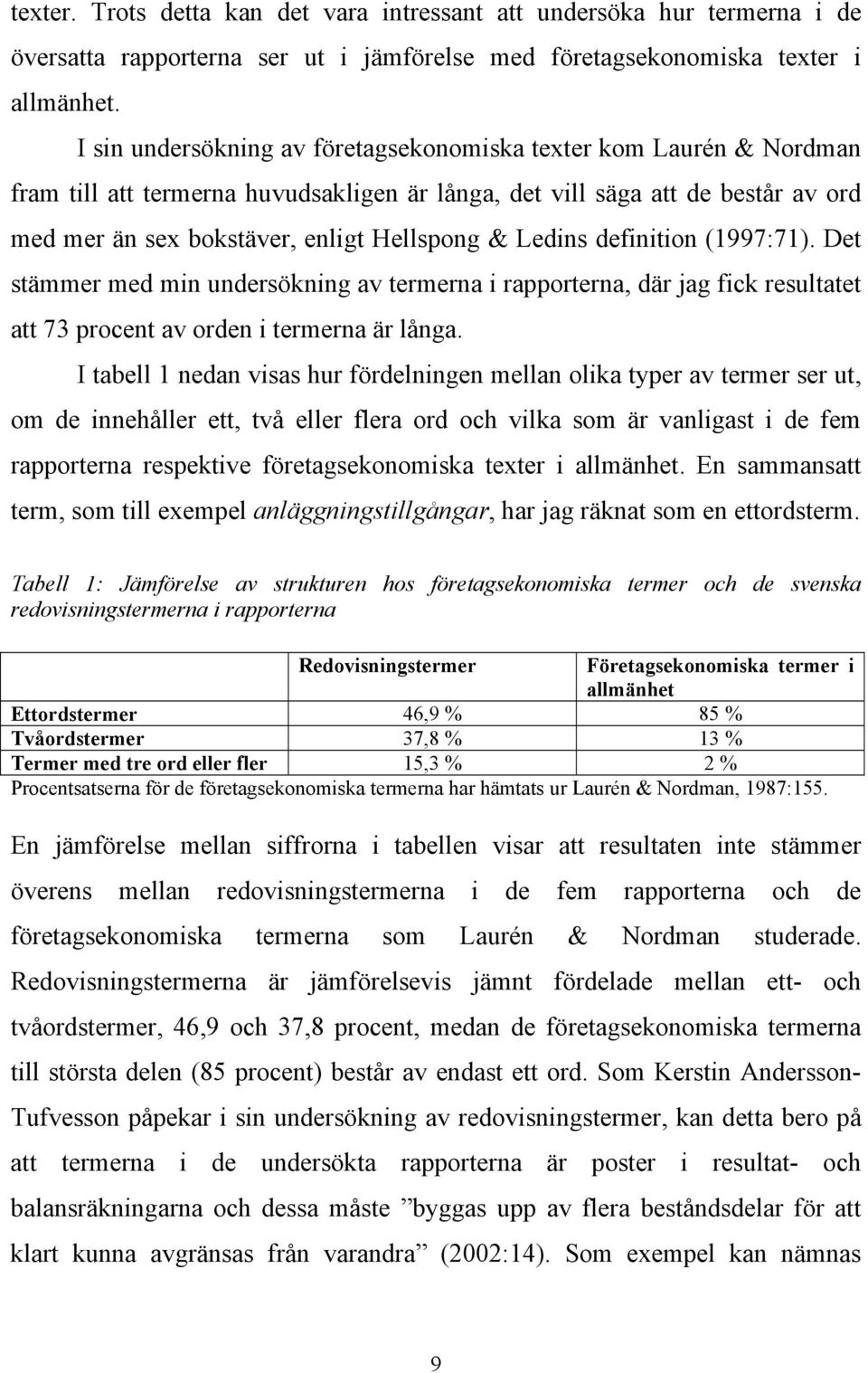 Ledins definition (1997:71). Det stämmer med min undersökning av termerna i rapporterna, där jag fick resultatet att 73 procent av orden i termerna är långa.