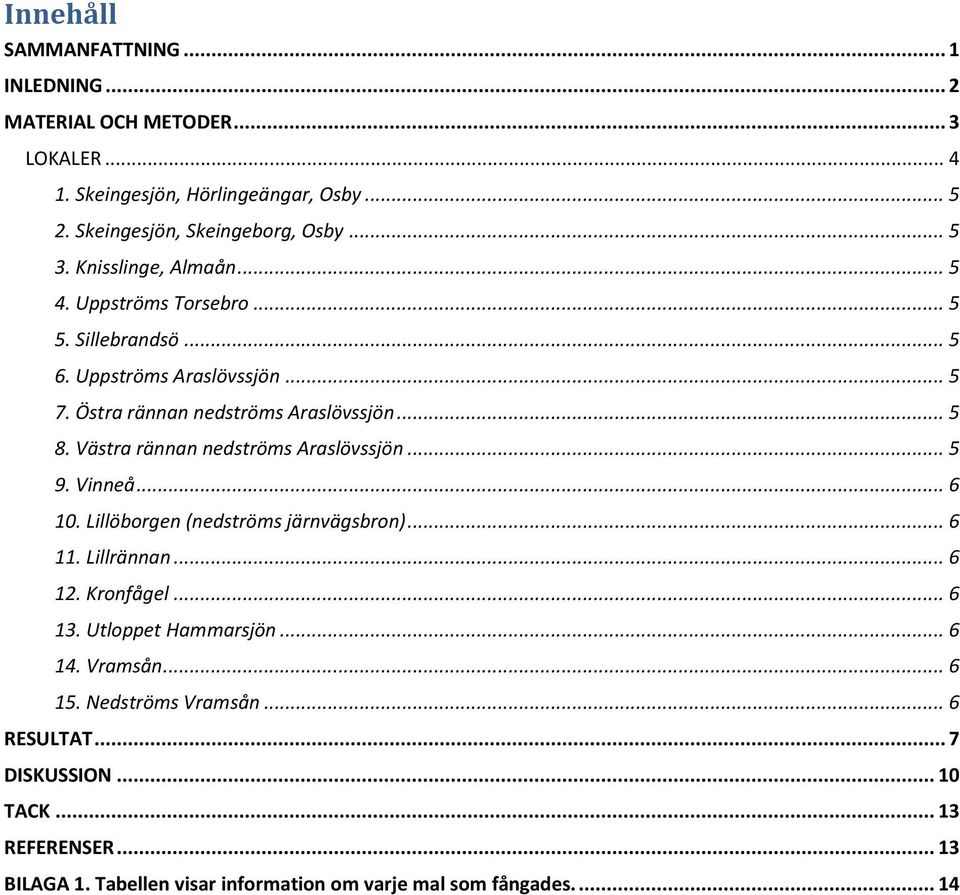 Västra rännan nedströms Araslövssjön... 5 9. Vinneå... 6 10. Lillöborgen (nedströms järnvägsbron)... 6 11. Lillrännan... 6 12. Kronfågel... 6 13. Utloppet Hammarsjön.