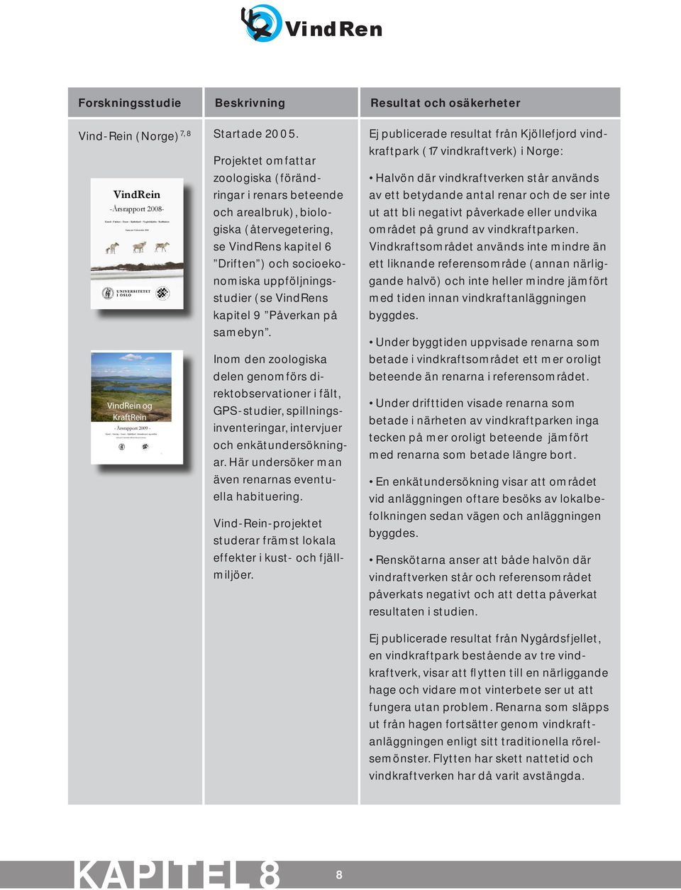 desember 2008 1 och arealbruk), biologiska (återvegetering, se VindRens kapitel 6 Driften ) och socioekonomiska uppföljningsstudier (se VindRens kapitel 9 Påverkan på samebyn.