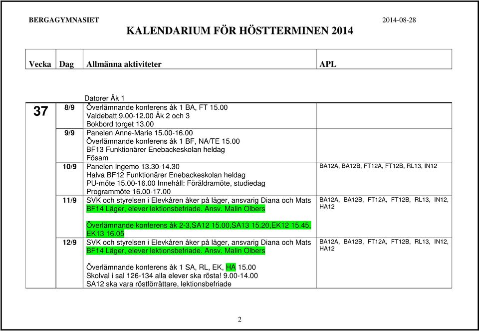 00-17.00 11/9 SVK och styrelsen i Elevkåren åker på läger, ansvarig Diana och Mats BF14 Läger, elever lektionsbefriade. Ansv. Malin Olbers Överlämnande konferens åk 2-3,SA12 15.00,SA13 15.20,EK12 15.