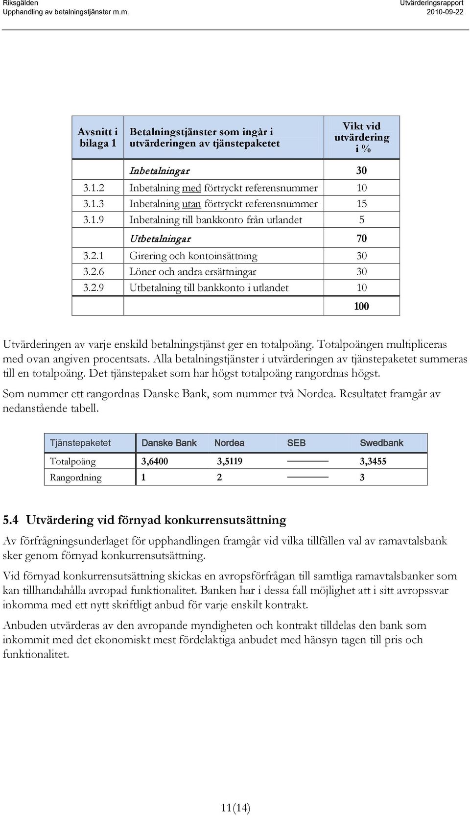 Totalpoängen multipliceras med ovan angiven procentsats. Alla betalningstjänster i utvärderingen av tjänstepaketet summeras till en totalpoäng.
