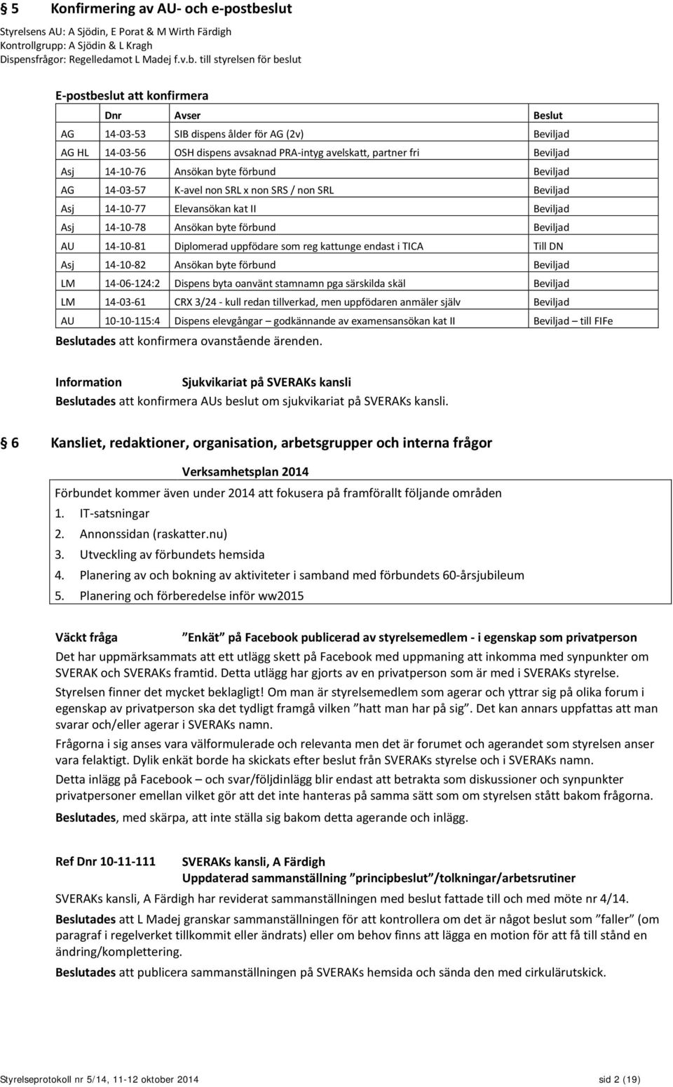 till styrelsen för beslut E-postbeslut att konfirmera Dnr Avser Beslut AG 14-0-5 SIB dispens ålder för AG (2v) Beviljad AG HL 14-0-56 OSH dispens avsaknad PRA-intyg avelskatt, partner fri Beviljad