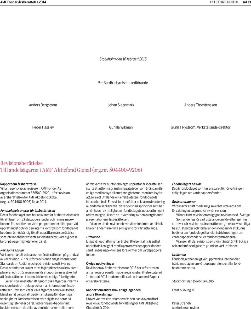 504400-9206) Rapport om årsberättelse Vi har i egenskap av revisorer i AMF Fonder AB, organisationsnummer 556549-2922, utfört revision av årsberättelsen för AMF Aktiefond Global (org.nr.