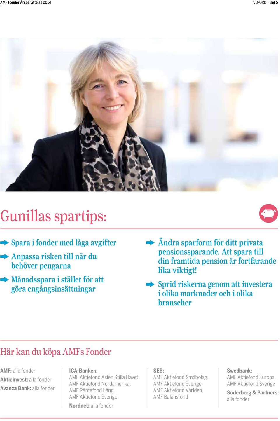 Sprid riskerna genom att investera i olika marknader och i olika branscher Här kan du köpa AMFs Fonder AMF: alla fonder Aktieinvest: alla fonder Avanza Bank: alla fonder ICA-Banken: AMF Aktiefond
