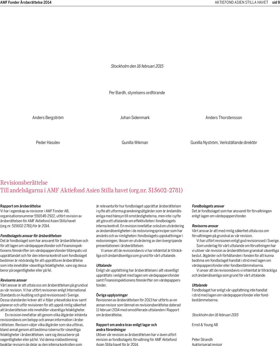515602-2781) Rapport om årsberättelse Vi har i egenskap av revisorer i AMF Fonder AB, organisationsnummer 556549-2922, utfört revision av årsberättelsen för AMF Aktiefond Asien Stilla havet (org.nr.