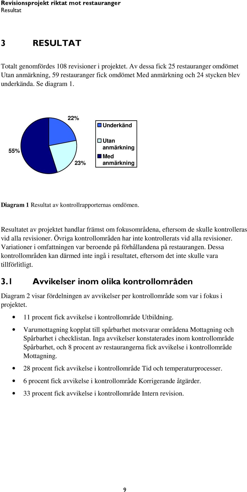 Resultatet av projektet handlar främst om fokusområdena, eftersom de skulle kontrolleras vid alla revisioner. Övriga kontrollområden har inte kontrollerats vid alla revisioner.