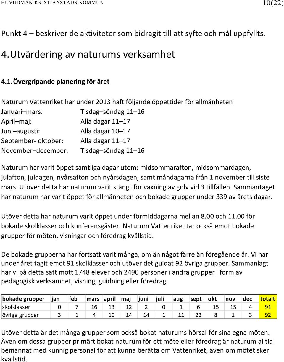 Övergripande planering för året Naturum Vattenriket har under 2013 haft följande öppettider för allmänheten Januari mars: Tisdag söndag 11 16 April maj: Alla dagar 11 17 Juni augusti: Alla dagar 10
