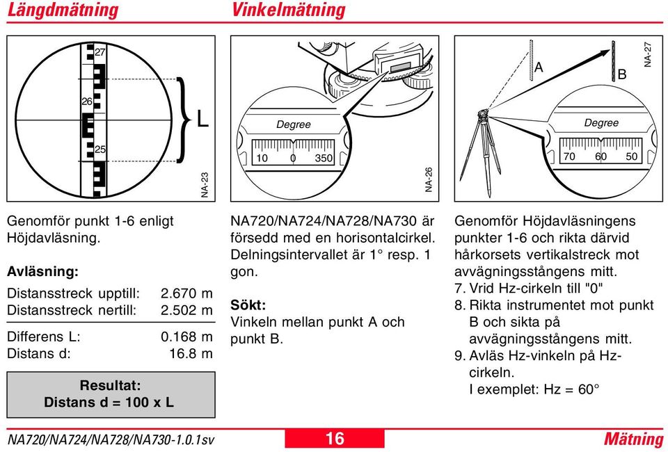 8 m NA720/NA724/NA728/NA730 är försedd med en horisontalcirkel. Delningsintervallet är 1 resp. 1 gon. Sökt: Vinkeln mellan punkt A och punkt B.