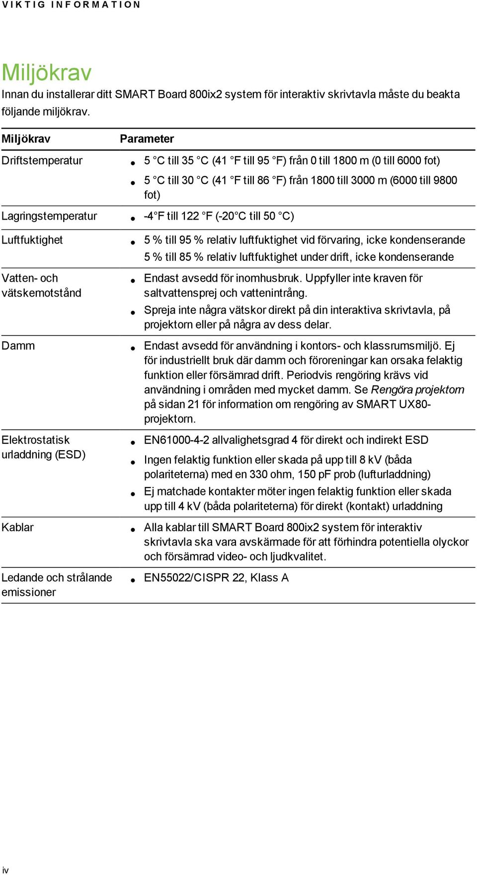 -4 F till 122 F (-20 C till 50 C) Luftfuktighet 5 % till 95 % relativ luftfuktighet vid förvaring, icke kondenserande 5 % till 85 % relativ luftfuktighet under drift, icke kondenserande Vatten- och
