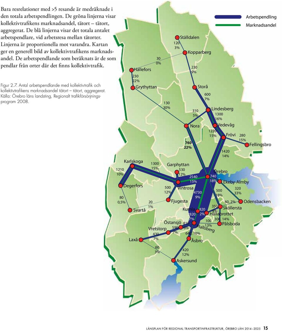 De arbetspendlande som beräknats är de som pendlar från orter där det finns kollektivtrafik. Figur 2.7.