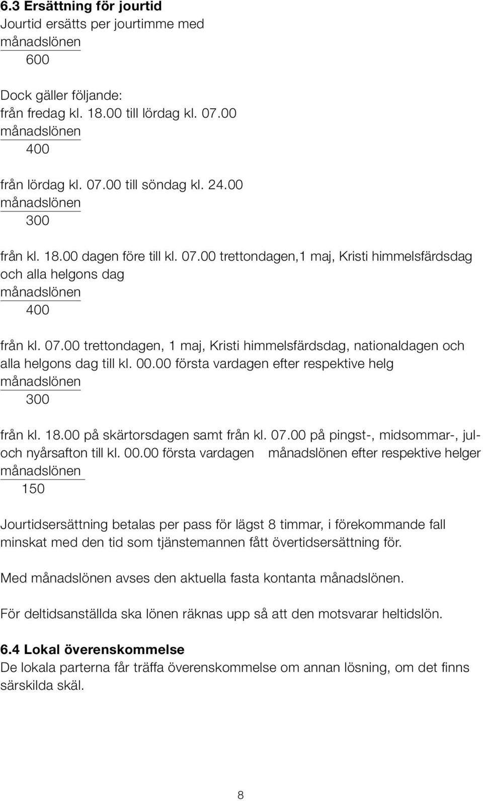 00.00 första vardagen efter respektive helg månadslönen 300 från kl. 18.00 på skärtorsdagen samt från kl. 07.00 på pingst-, midsommar-, juloch nyårsafton till kl. 00.