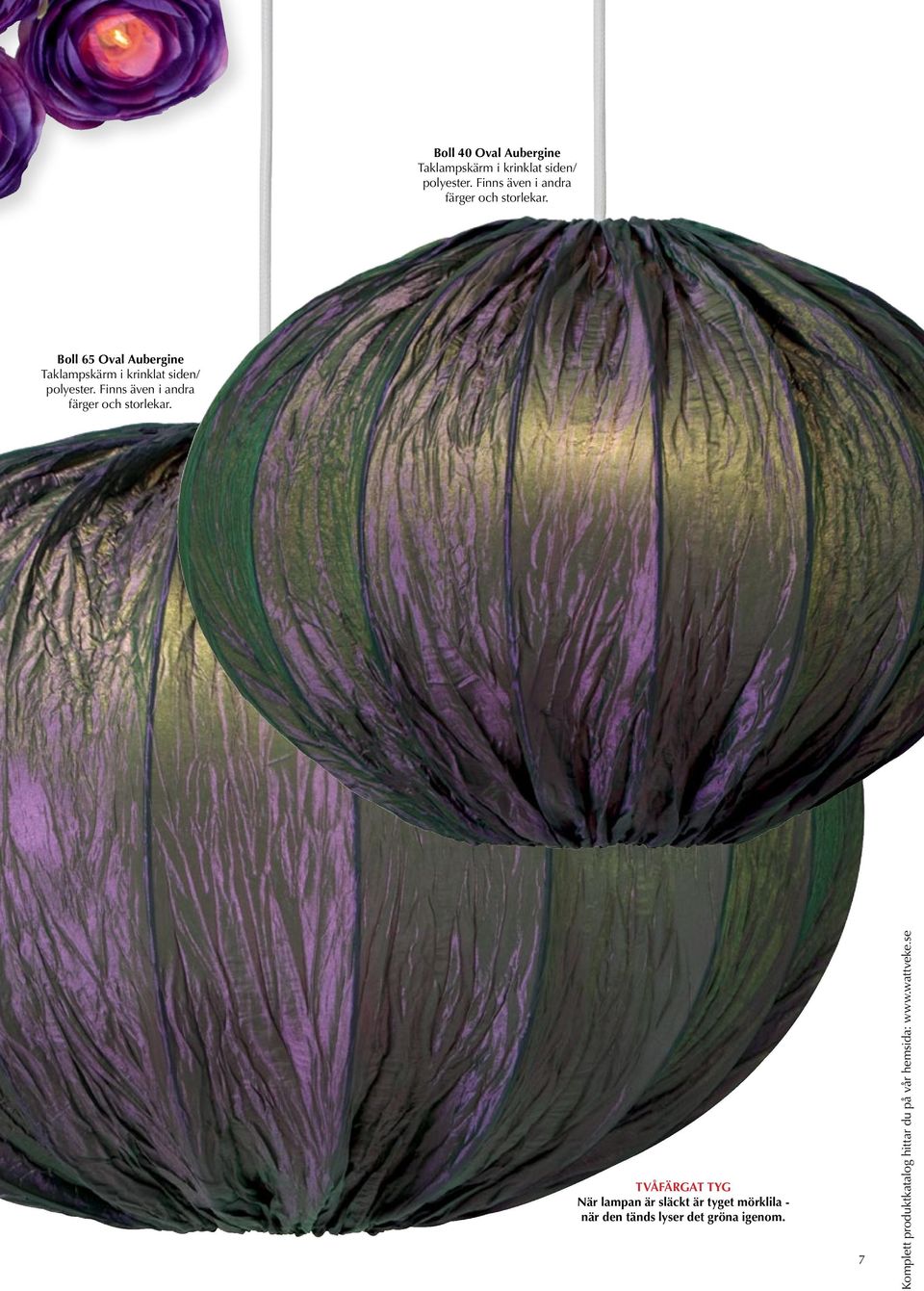 Boll 65 Oval Aubergine Taklampskärm i krinklat siden/ polyester.
