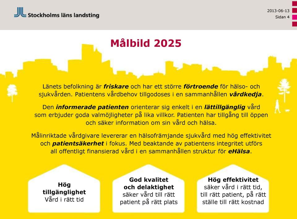 Patienten har tillgång till öppen och säker information om sin vård och hälsa. Målinriktade vårdgivare levererar en hälsofrämjande sjukvård med hög effektivitet och patientsäkerhet i fokus.