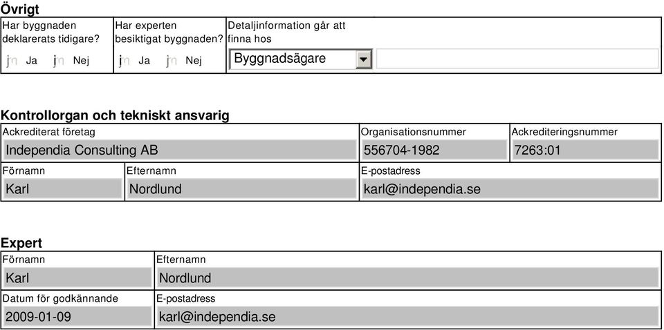 finna hos i Byggnadsägare Kontrollorgan och tekniskt ansvarig Ackrediterat företag Independia Consulting AB