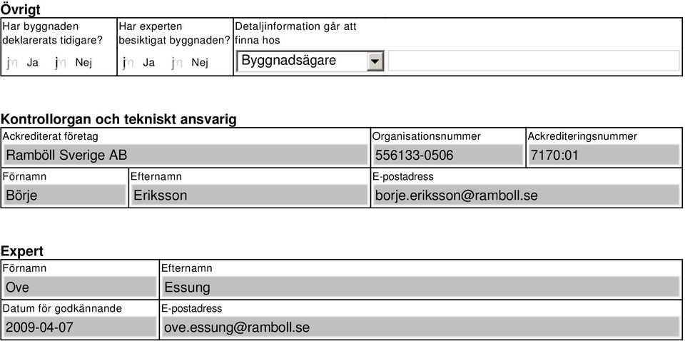 finna hos i Byggnadsägare Kontrollorgan och tekniskt ansvarig Ackrediterat företag Ramböll Sverige AB