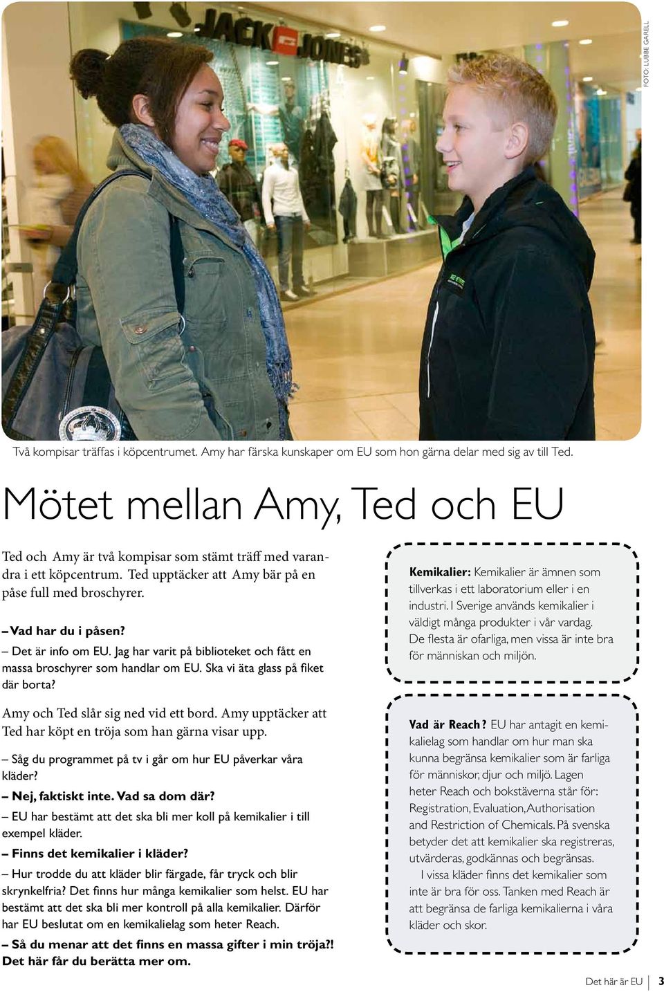 Jag har varit på biblioteket och fått en massa broschyrer som handlar om EU. Ska vi äta glass på fiket där borta? Amy och Ted slår sig ned vid ett bord.